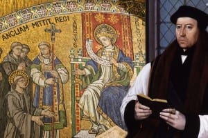Catholic Pope Gregory commissions Augustine in A.D. 596 as Thomas Cranmer looks on with that distinctive Reformed gaze.