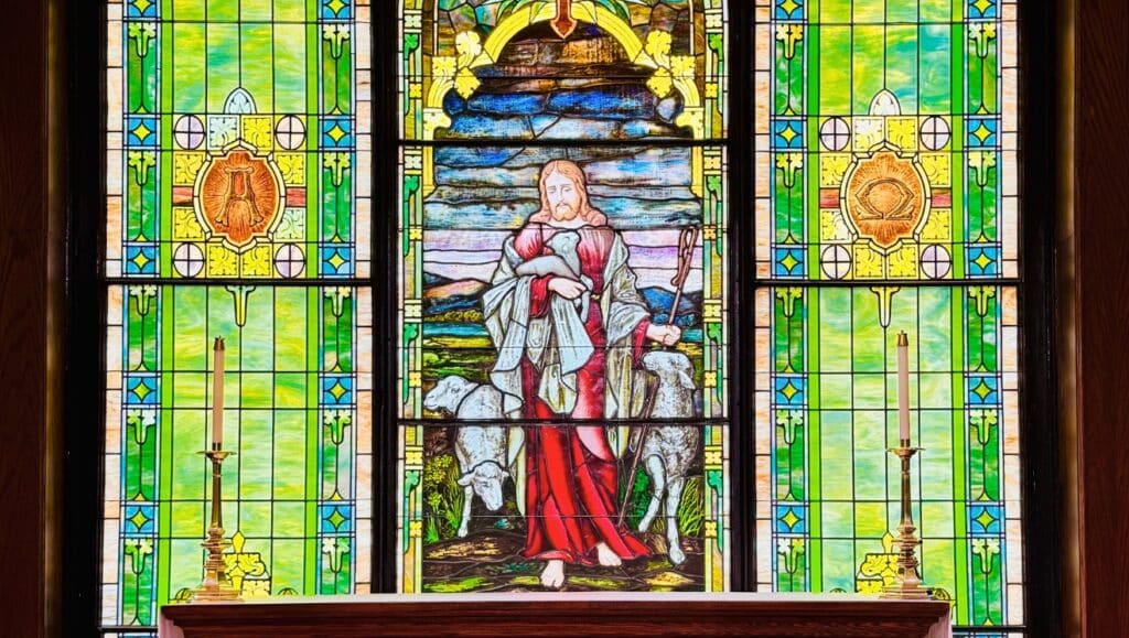 Good Shepherd stained glass. For Green: Ordinary Time.