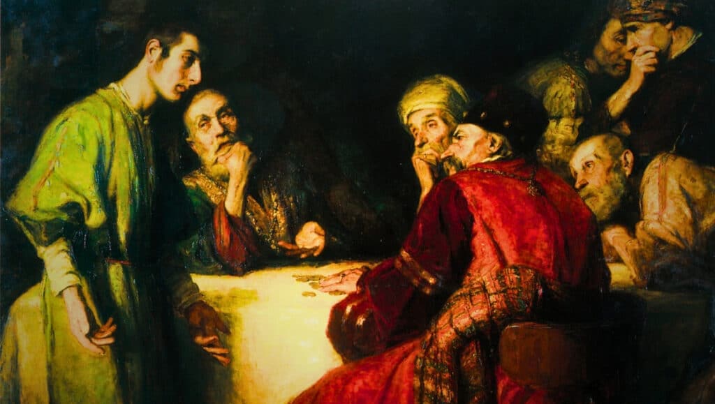 P. Molnar. Judas Receiving Thirty Pieces of Silver. For Spy Wednesday.